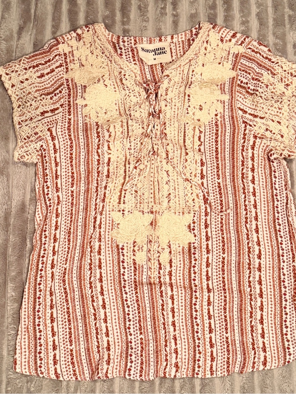 Savanna Jane Cream & Rust Striped Crochet Tie-Front Top